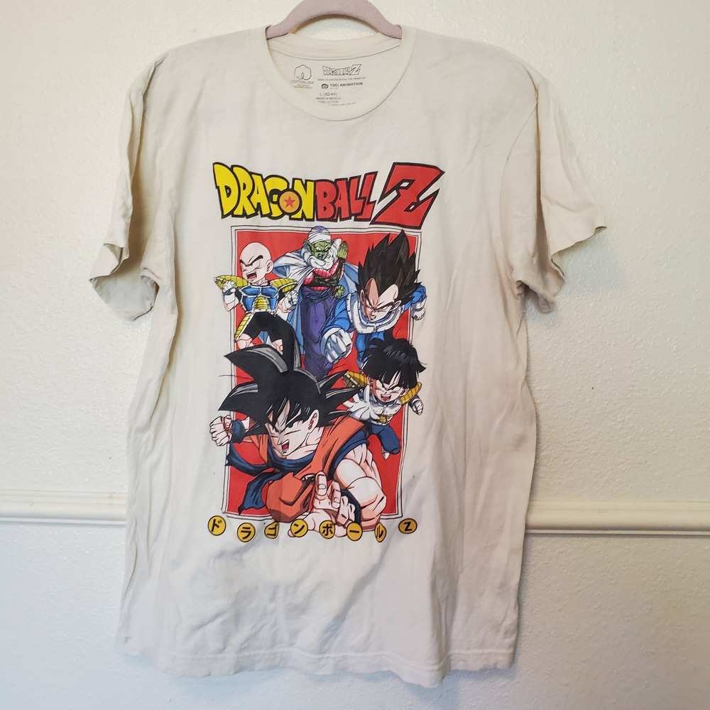 Dragon Ball Z Mens Graphic T-Shirt Cream Goku Vegeta Piccolo Size Large DBZ